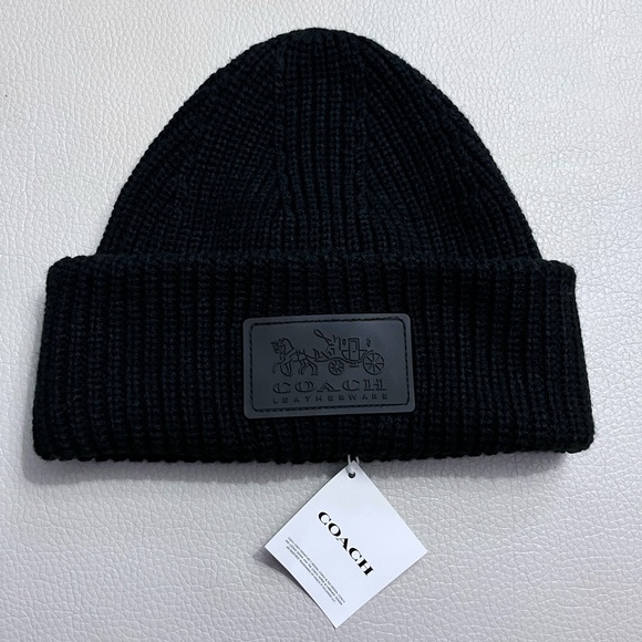 NWT - Coach Rubber Logo Patch Roll Up Wool Blended Beanie - Picture 1 of 6